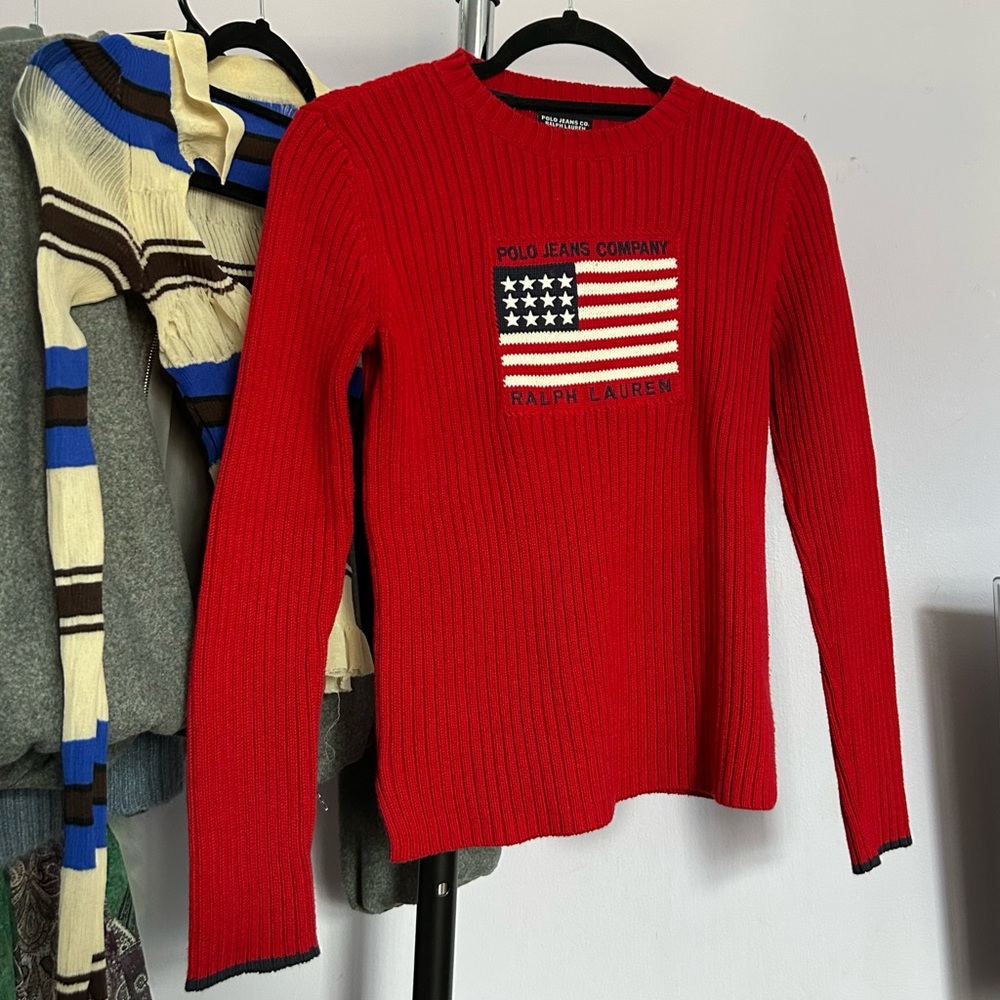 Vintage Polo Ralph Lauren Jeans USA Flag Ribbed Knitted Sweater